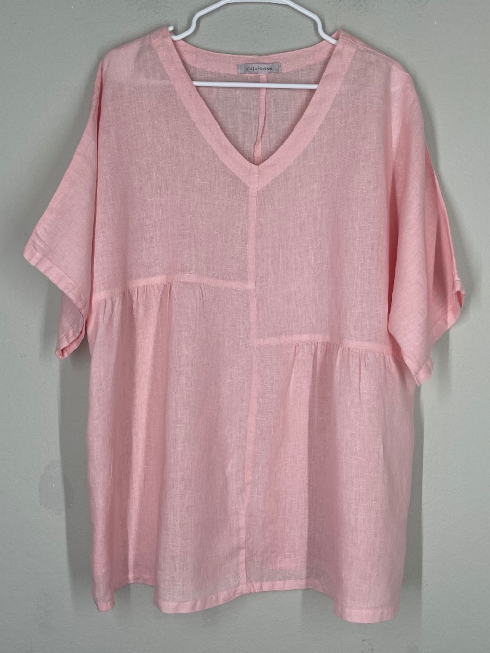 Cut Loose Women's Tunic Top Oversized Pink One Size Linen V Neck Short Sleeve